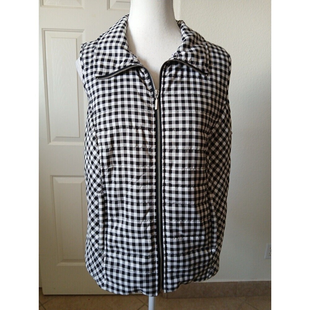 CHICO’S Women’s Sz 1 (M/8) Lightweight  Vest Plaid White Black Zipper Closure